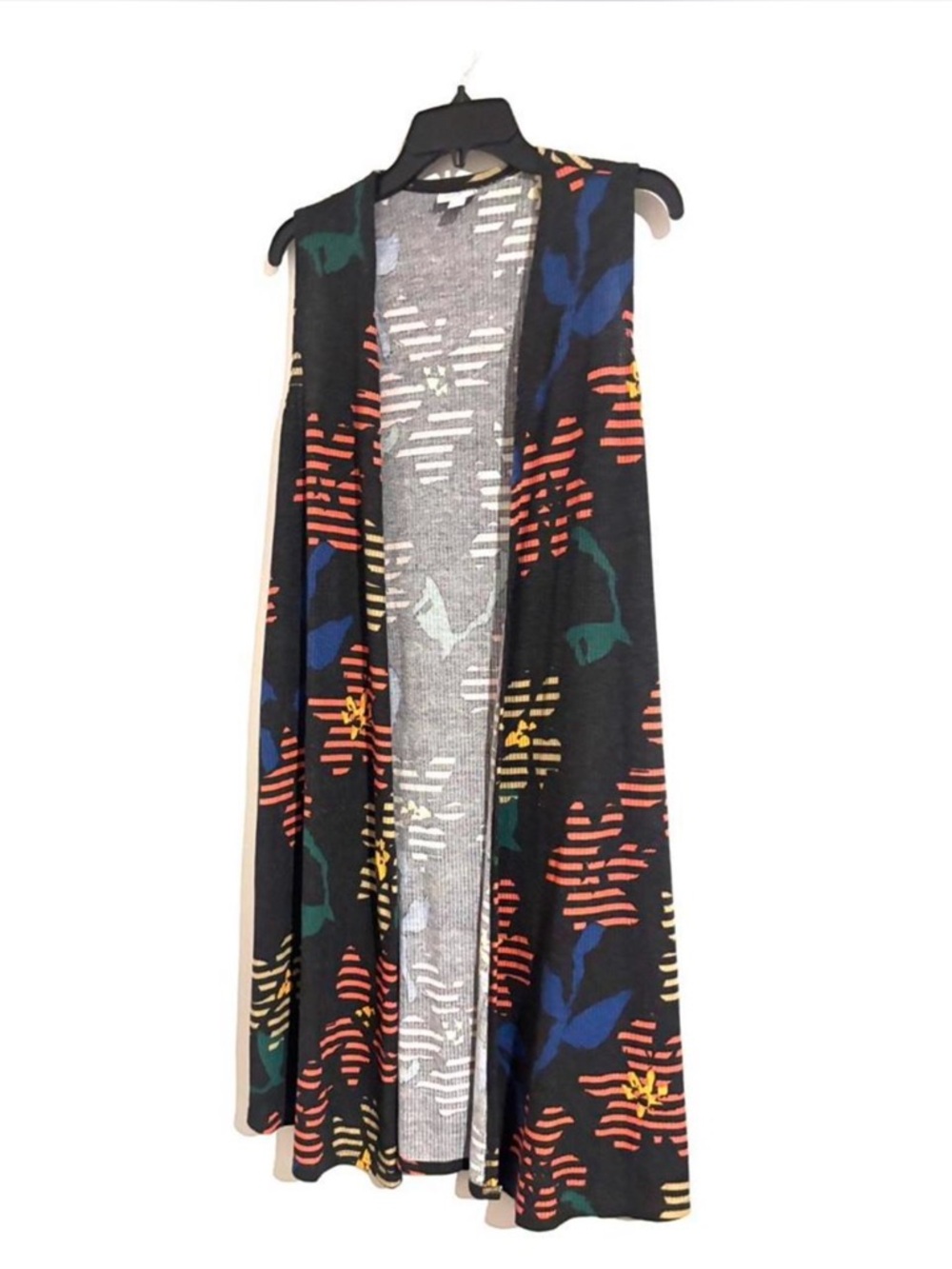 🌼Lularoe Joy Retro Lagenlook Sleeveless Open‎ Front Floral Duster Vest Black